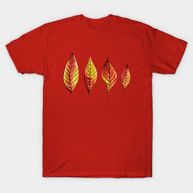 Four Red Yellow Watercolor Painted Autumn Leaves T-Shirt by Boriana Giormova